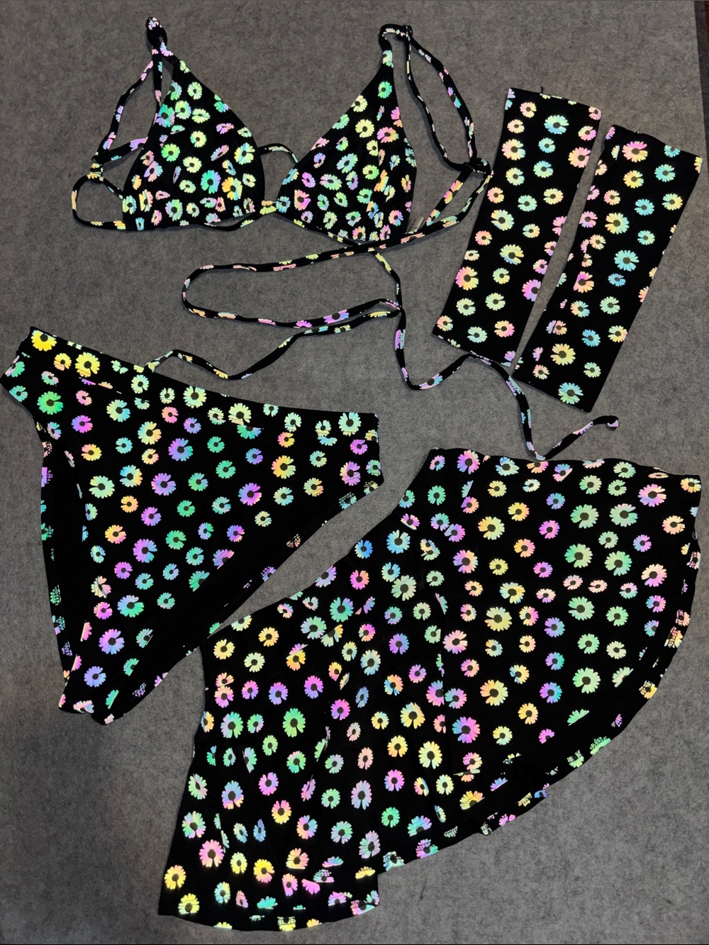 iHeartRaves Rainbow Reflective Daisy Flower Floral Rave Set - Top, Bottom, Skirt